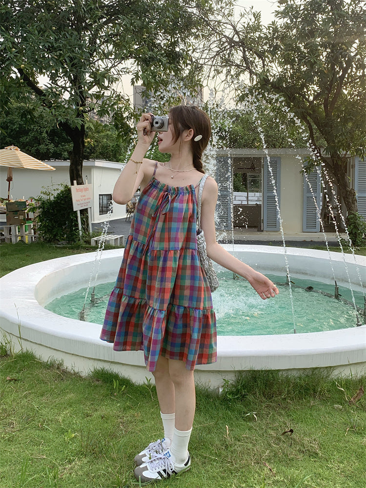 レインボーチェックキャミソールワンピース TK0148