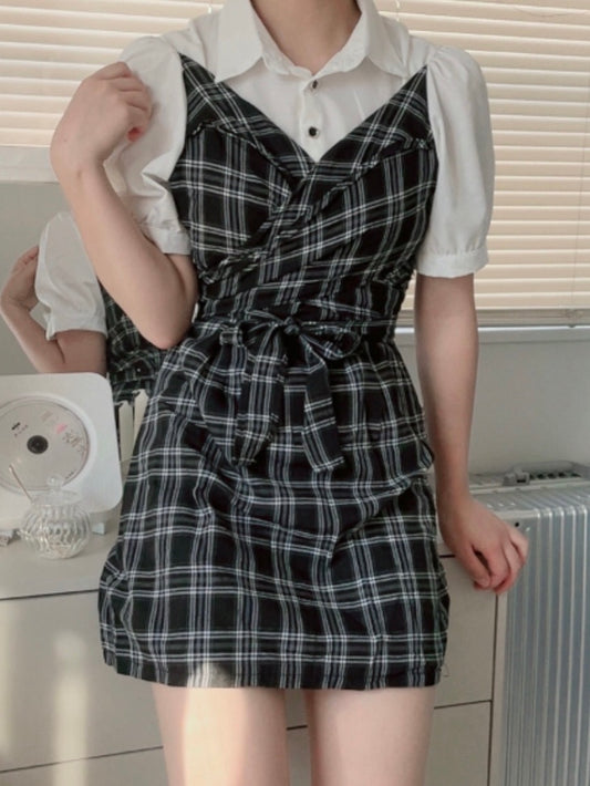 「teto___chan」シャツドッキングチェックミニワンピ  TK0207