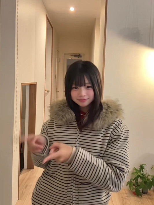 「si5si8」ストライプ柄 ファー付きジップアップパーカー TK0319