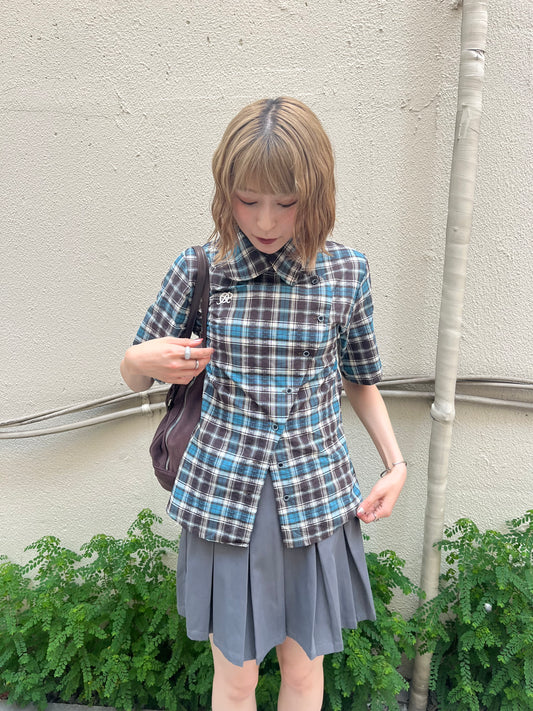 「_manafuku_」ボーダー柄ロゴ刺繍ショート丈Tシャツ TK0233