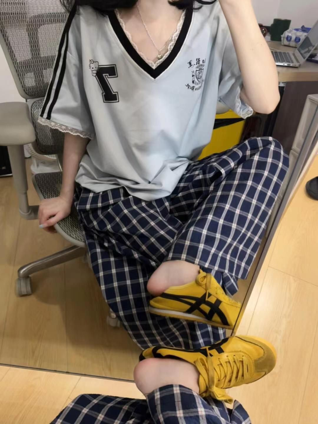 ブルーチェック柄ルーズワイドレッグパンツ TK0108