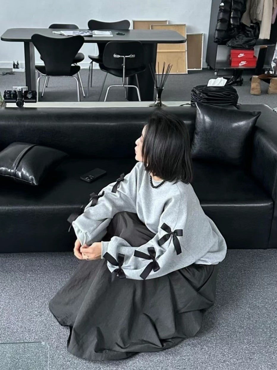 リボン付きクルーネック長袖スウェット TK0087