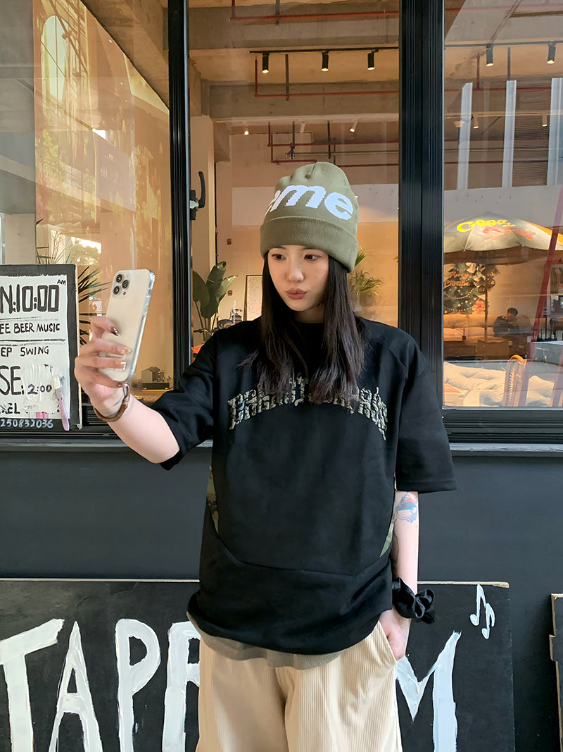 「215ot」アルファベットプリント迷彩パッチTシャツ TK0176