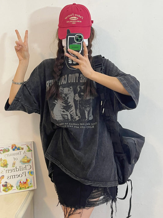 ネコプリントルーズ半袖Tシャツ TK0217