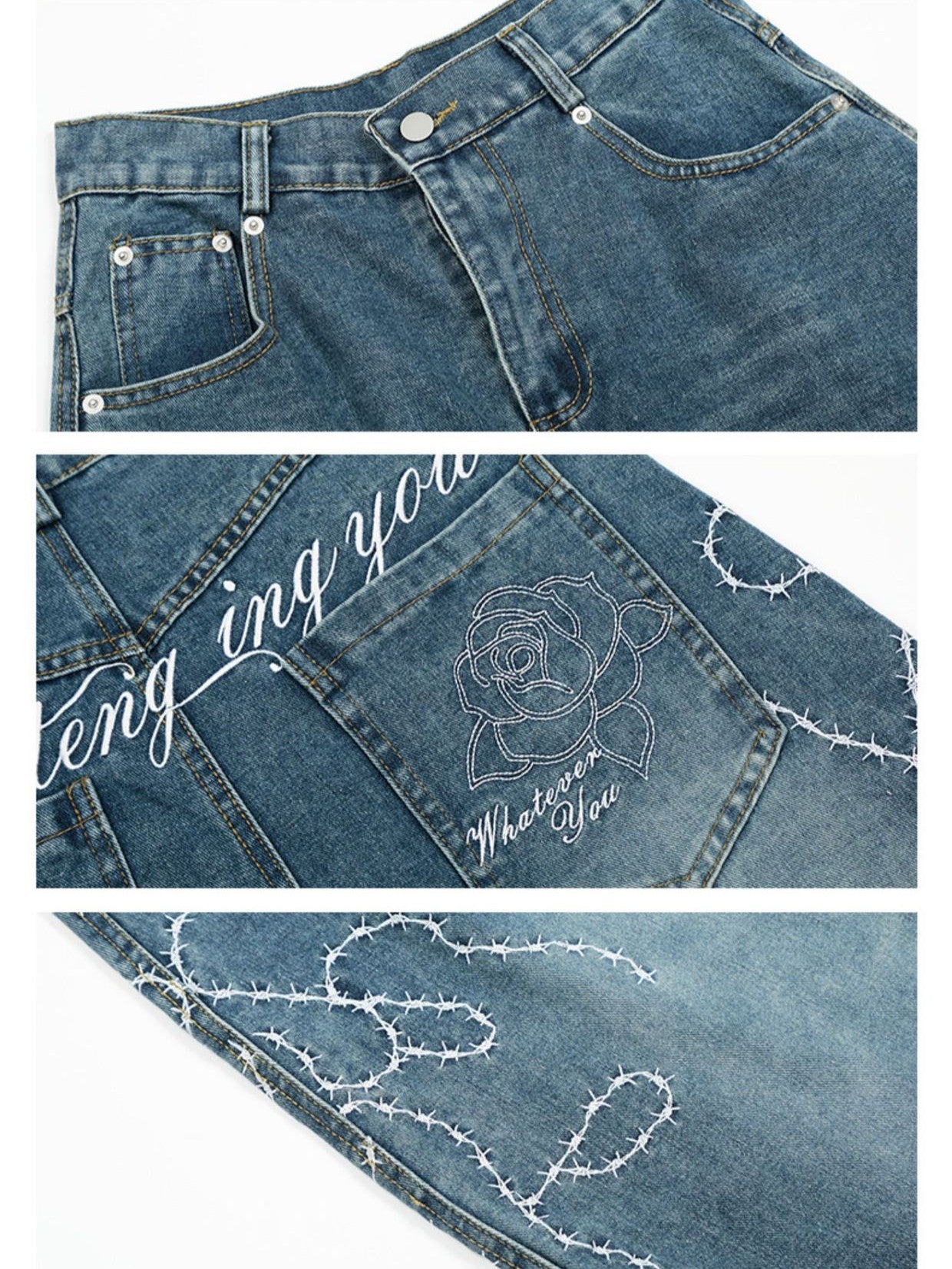 「即納」ローズ刺繍デニムパンツ TK0268