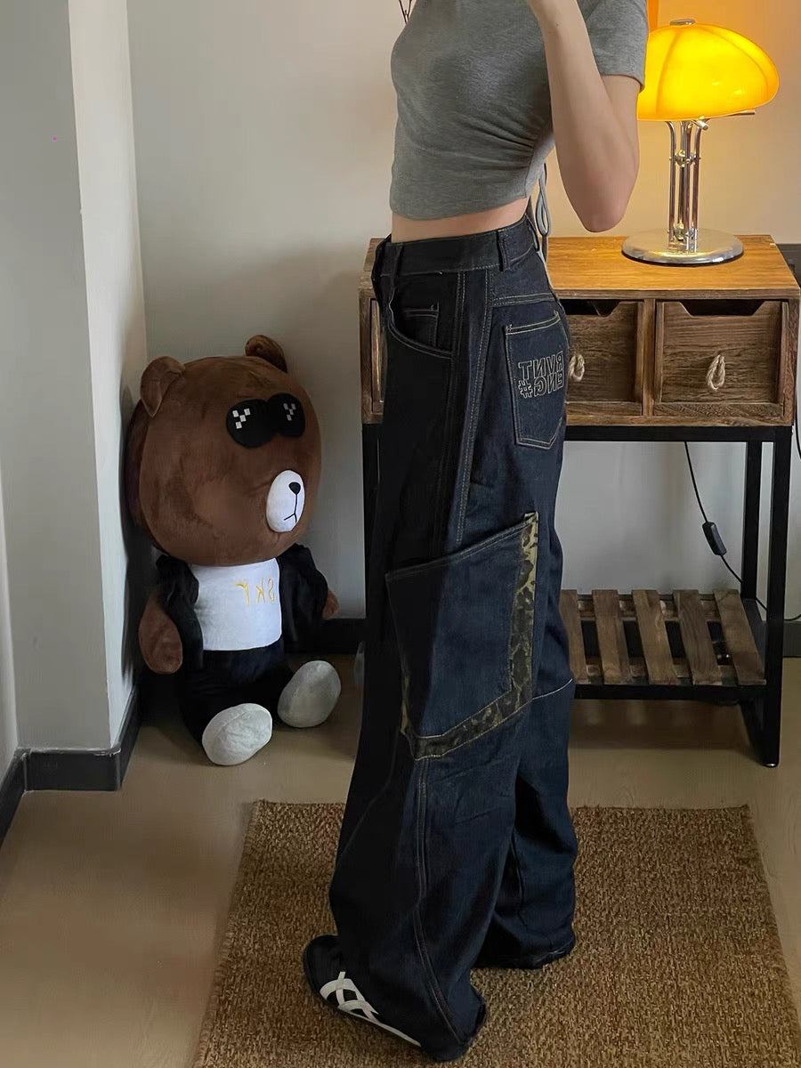 「人気」レオパード切り替え ワイドデニムパンツ TK0295