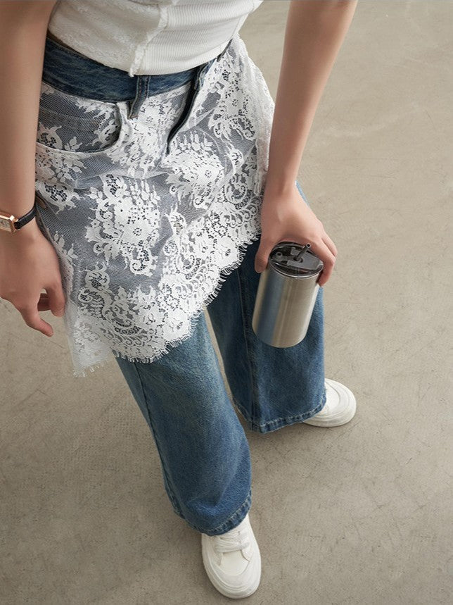 レースレイヤード風 ワイドデニムパンツ TK0310