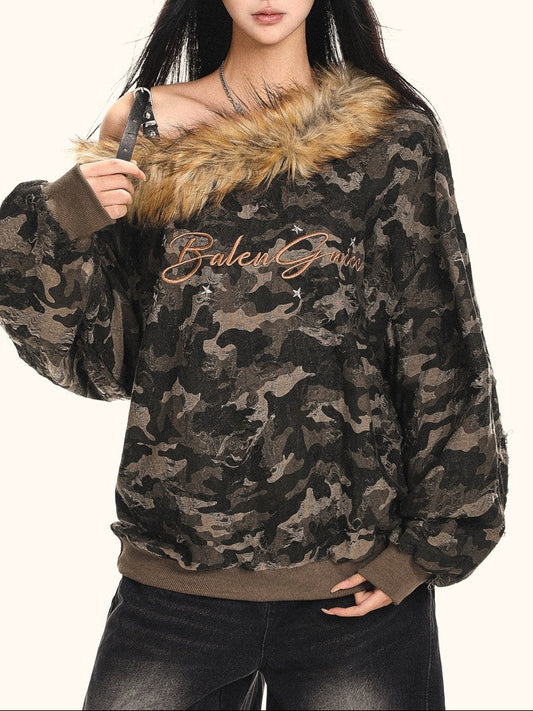 迷彩柄ファー付き斜めネックスウェットトップス TK0322