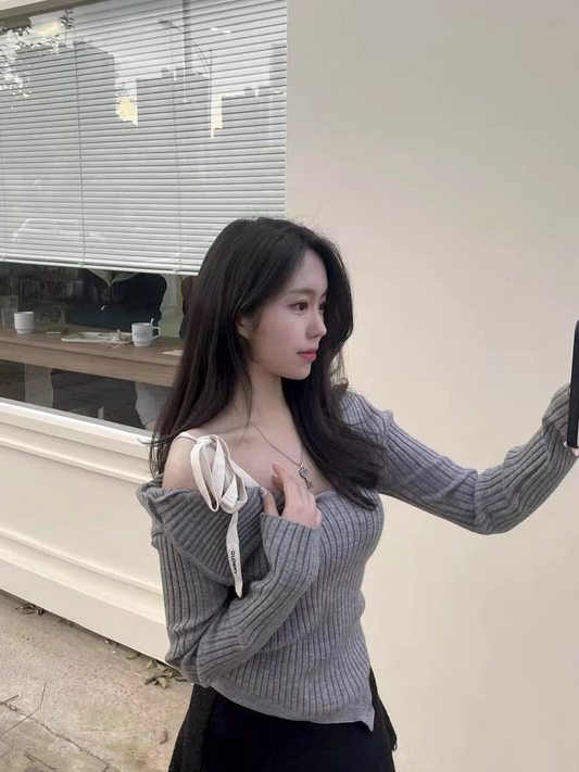 ワンオフショルダーギャザーリボン長袖シャツ TK0326