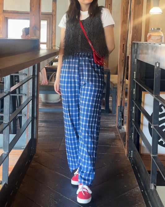 「aino__nk8」ブルーチェック柄ルーズワイドレッグパンツ TK0108