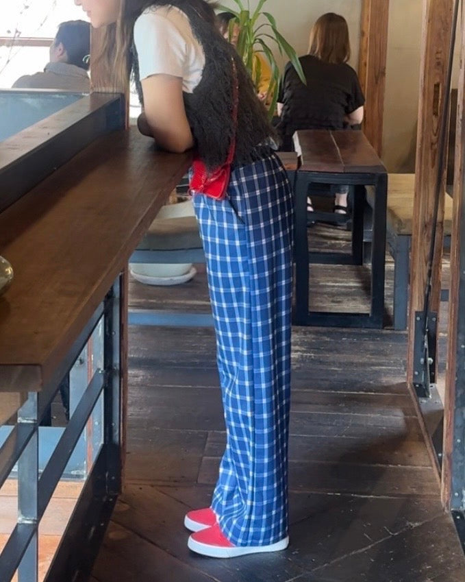 「aino__nk8」ブルーチェック柄ルーズワイドレッグパンツ TK0108
