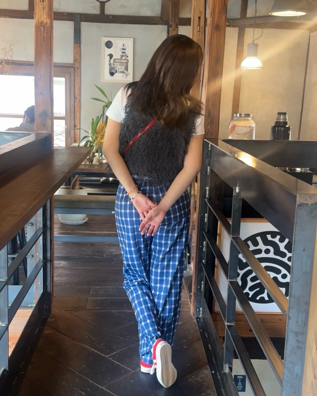 「aino__nk8」ブルーチェック柄ルーズワイドレッグパンツ TK0108