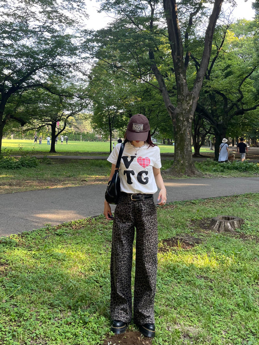 「bibi」ヒョウ柄ハイウエストワイドデニムパンツ TK0095