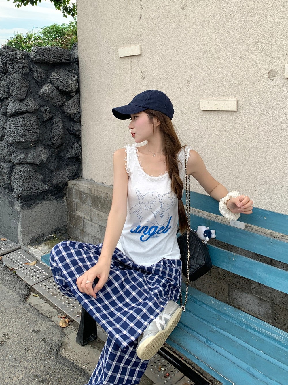 ブルーチェック柄ルーズワイドレッグパンツ TK0108