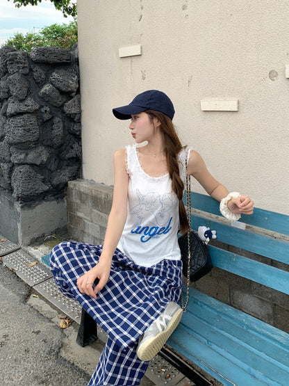 ブルーチェック柄ルーズワイドレッグパンツ TK0108