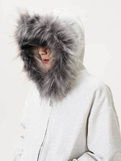 「ユニセックス」ファー付きフードゆったりパーカー TK0334