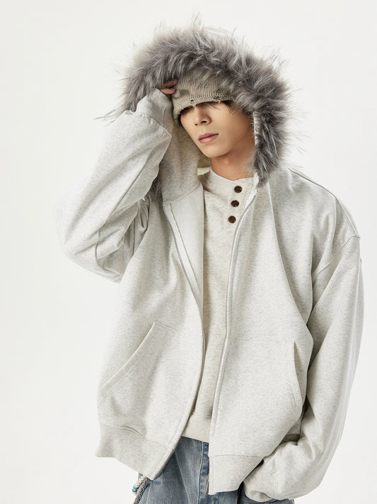 「ユニセックス」ファー付きフードゆったりパーカー TK0334