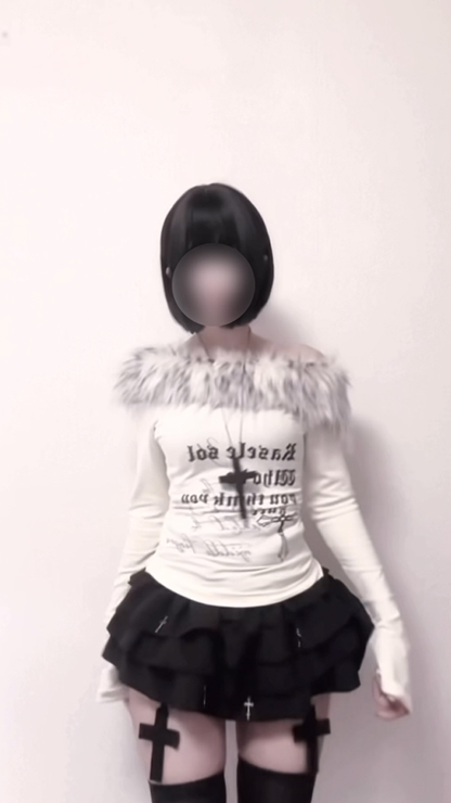 「__u3xy」ファーオフショルダートップス TK0355