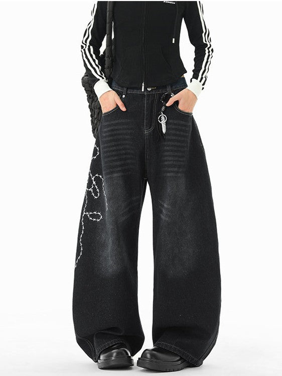 「即納」ローズ刺繍デニムパンツ TK0268