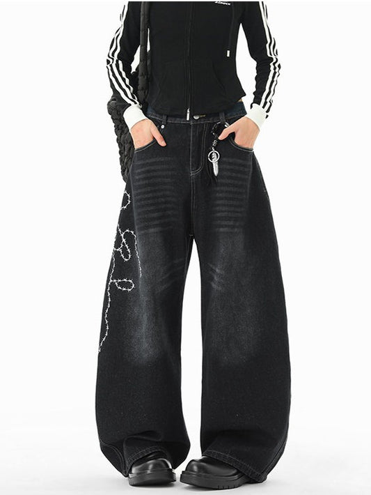 「即納」ローズ刺繍デニムパンツ TK0268