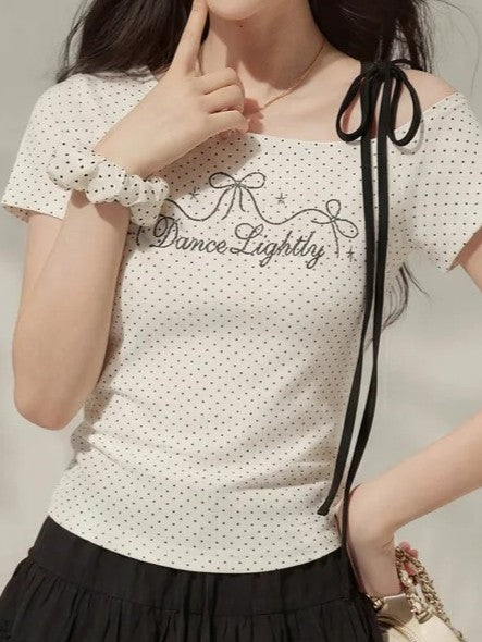 ドットストーン付きオフショルダーTシャツ TK0533