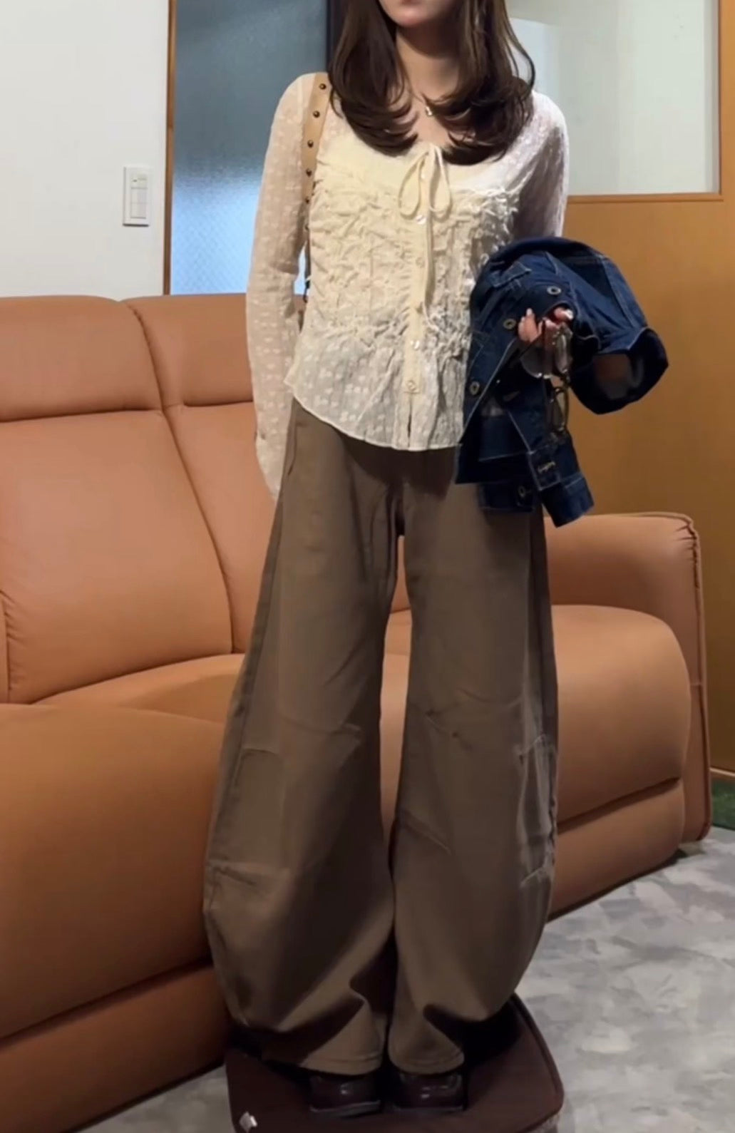 「k30」ブラウンカーブデザインワイドパンツ TK0214