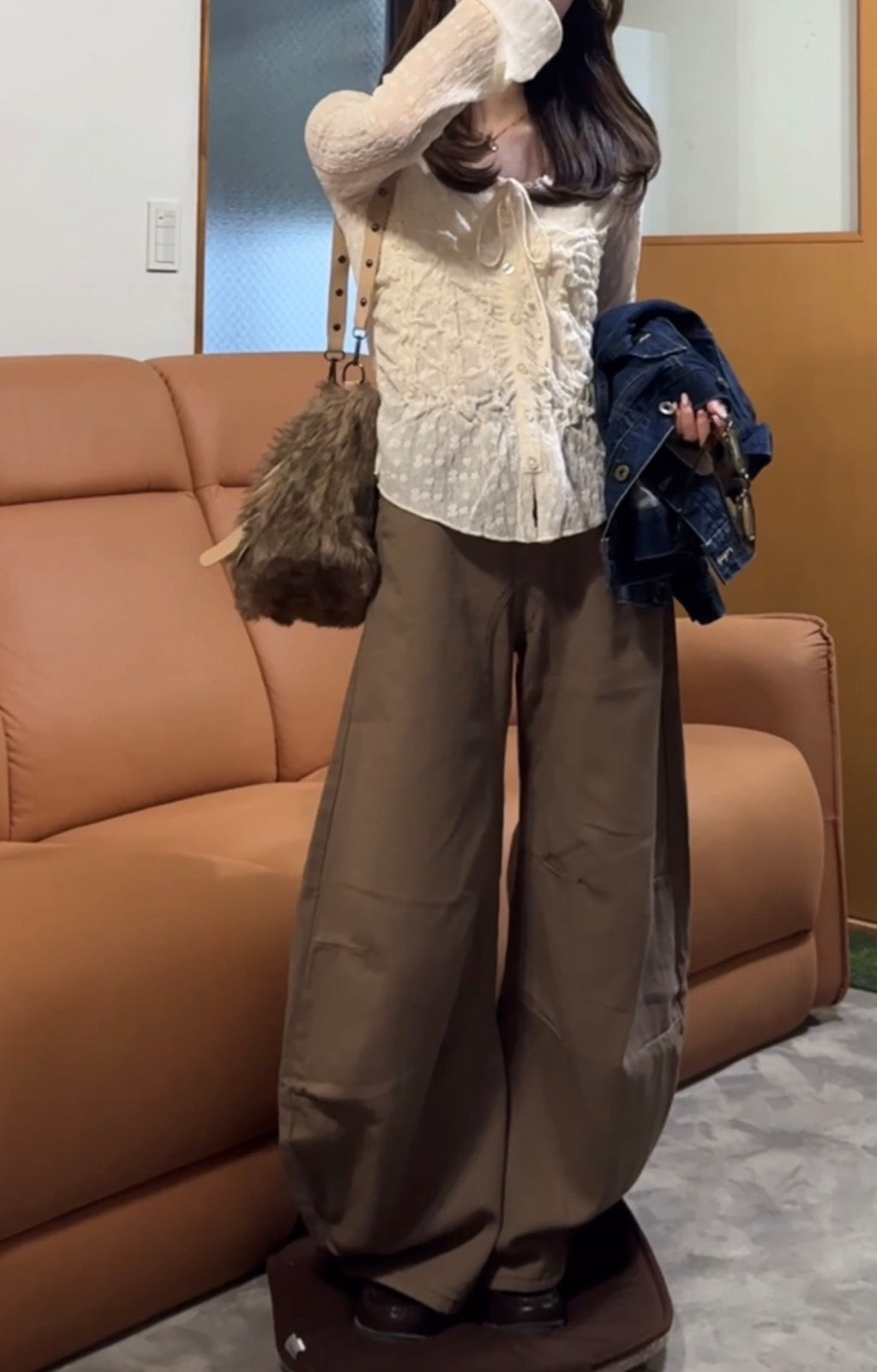 「k30」ブラウンカーブデザインワイドパンツ TK0214