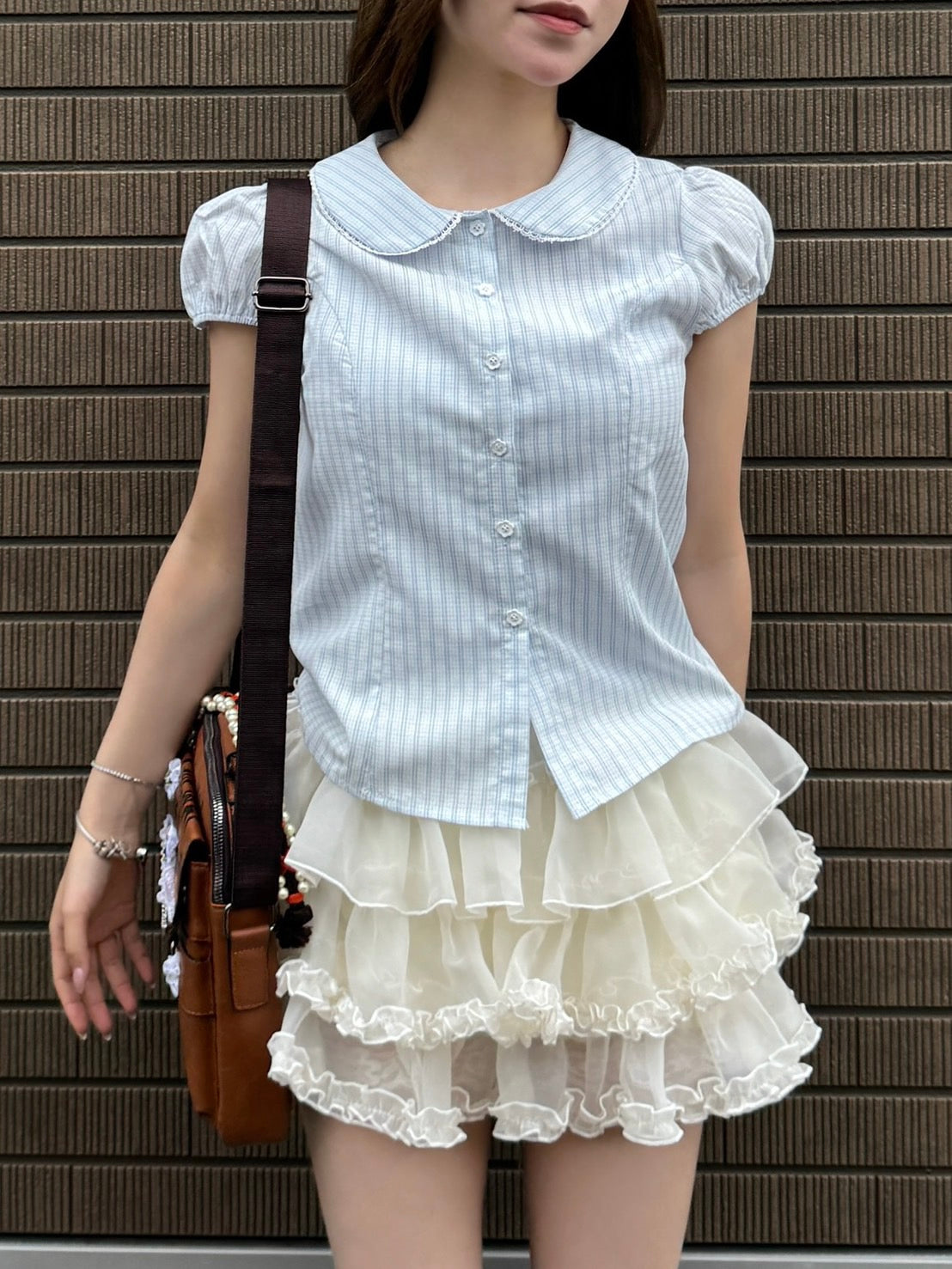 「k30」フリル襟チェック柄半袖ブラウス KA0003