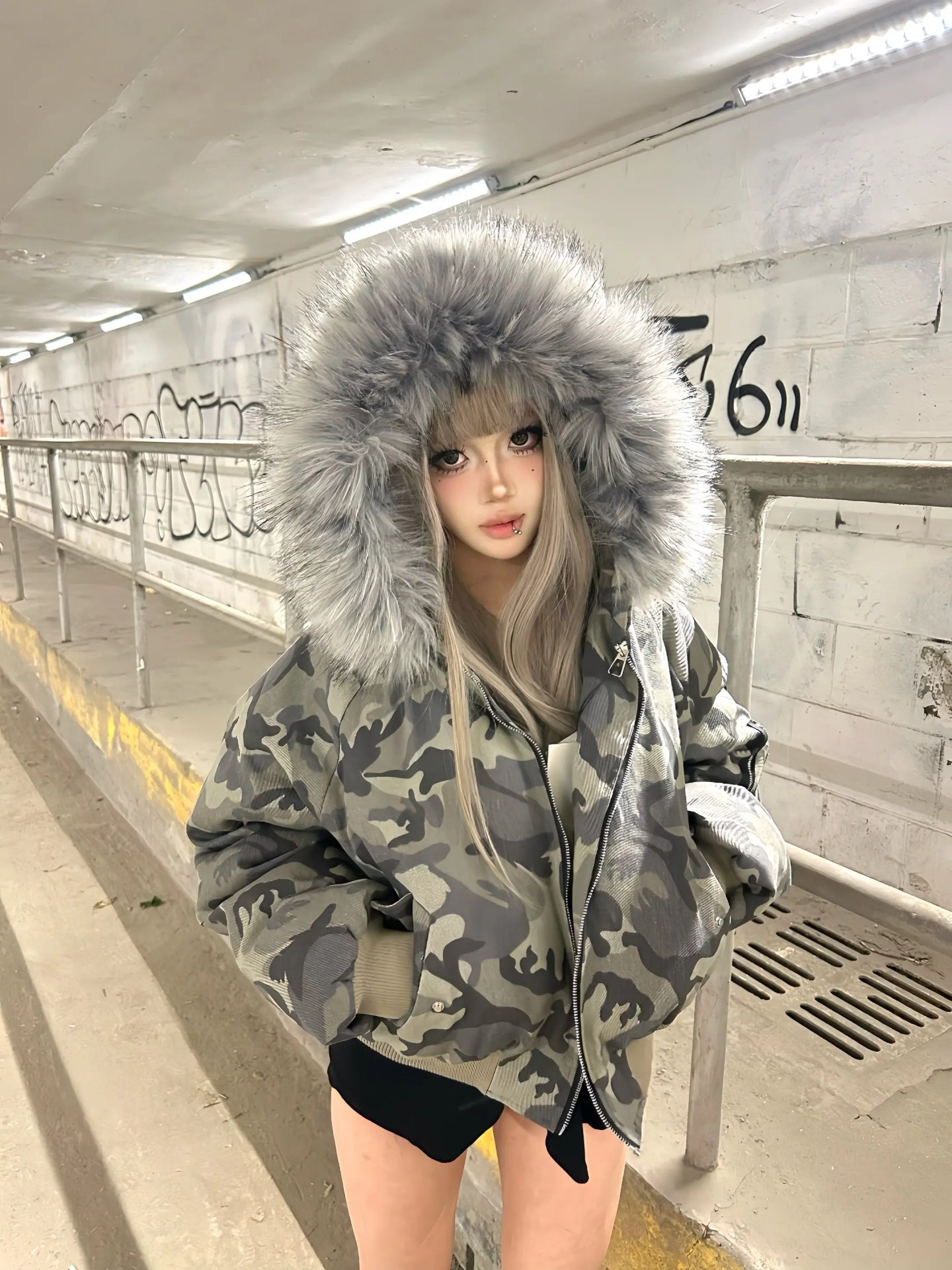 カモ柄フード付きボアジャケット TK0339