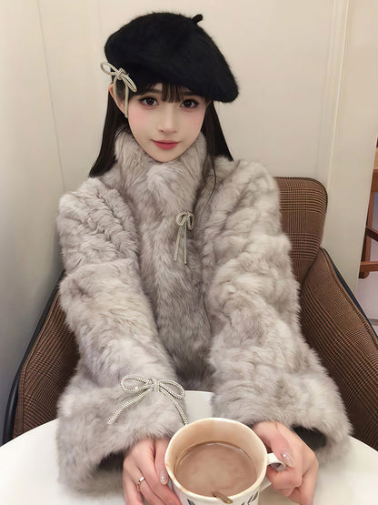 リボン付きファー襟ボアコート TK0367