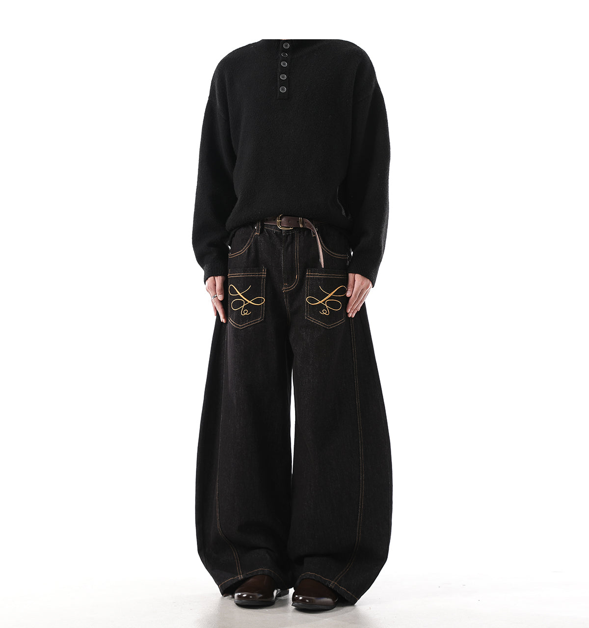 「刺繍飾り」ワイドバギーデニムパンツ TK0305