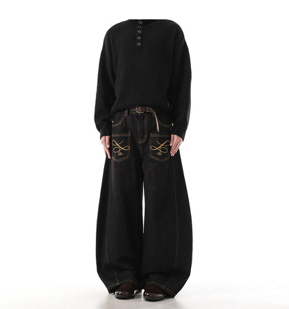 「刺繍飾り」ワイドバギーデニムパンツ TK0305