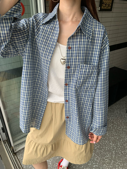 ルーズフィットブルーチェックシャツ TK0043