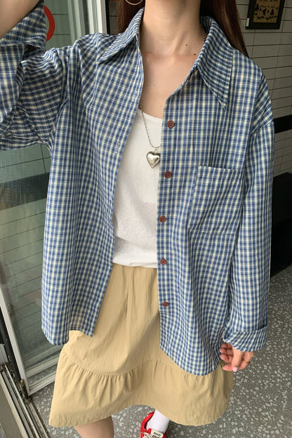 ルーズフィットブルーチェックシャツ TK0043