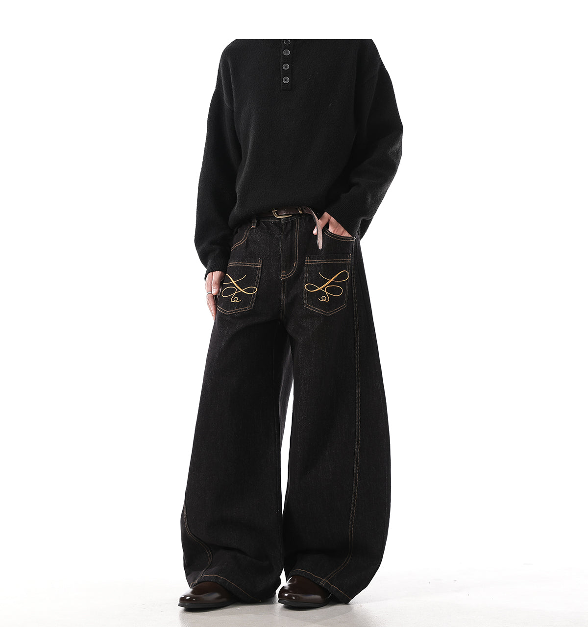 「刺繍飾り」ワイドバギーデニムパンツ TK0305