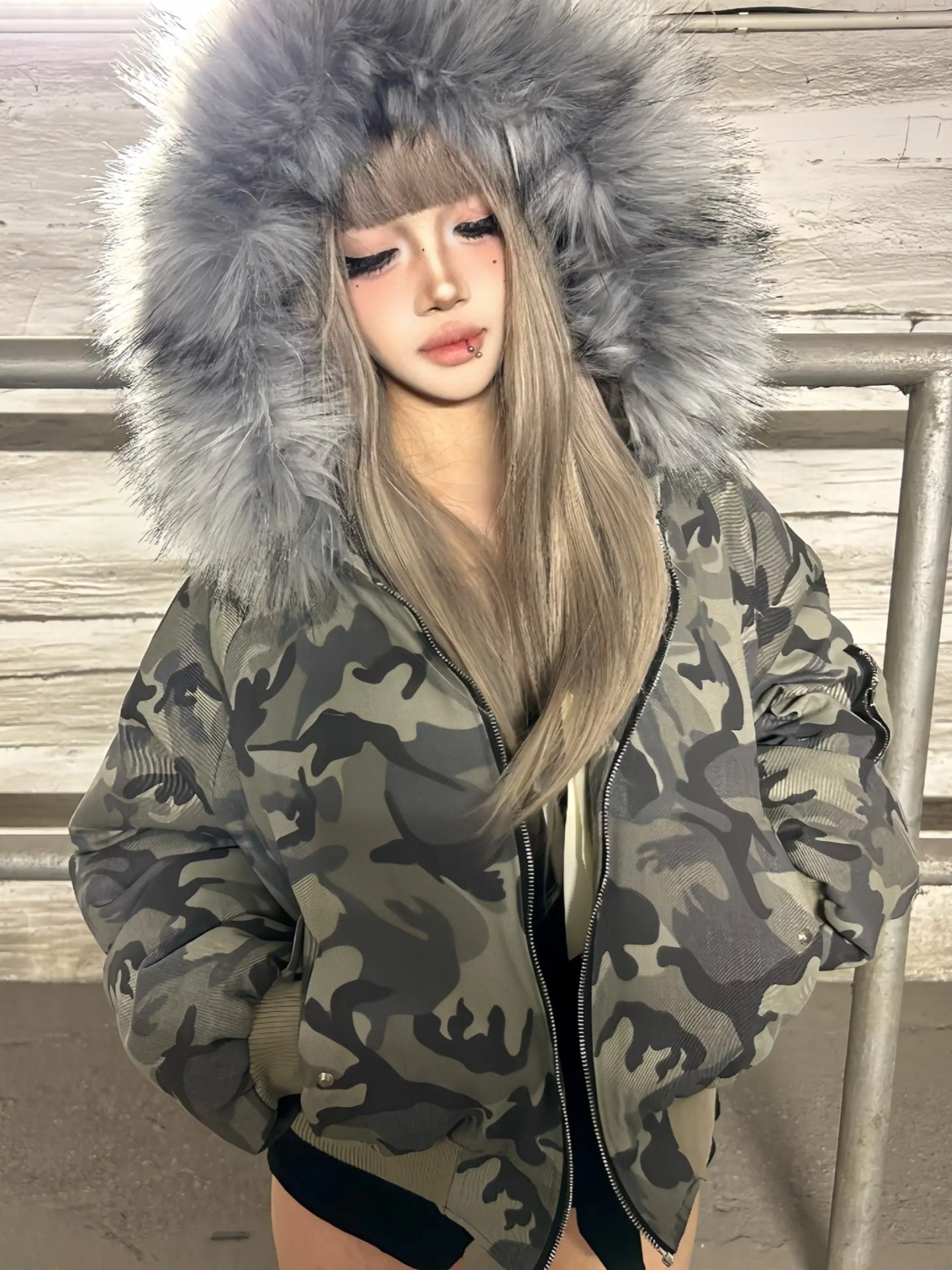 カモ柄フード付きボアジャケット TK0339