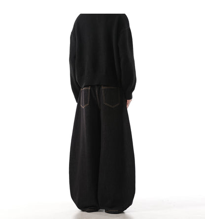 「刺繍飾り」ワイドバギーデニムパンツ TK0305