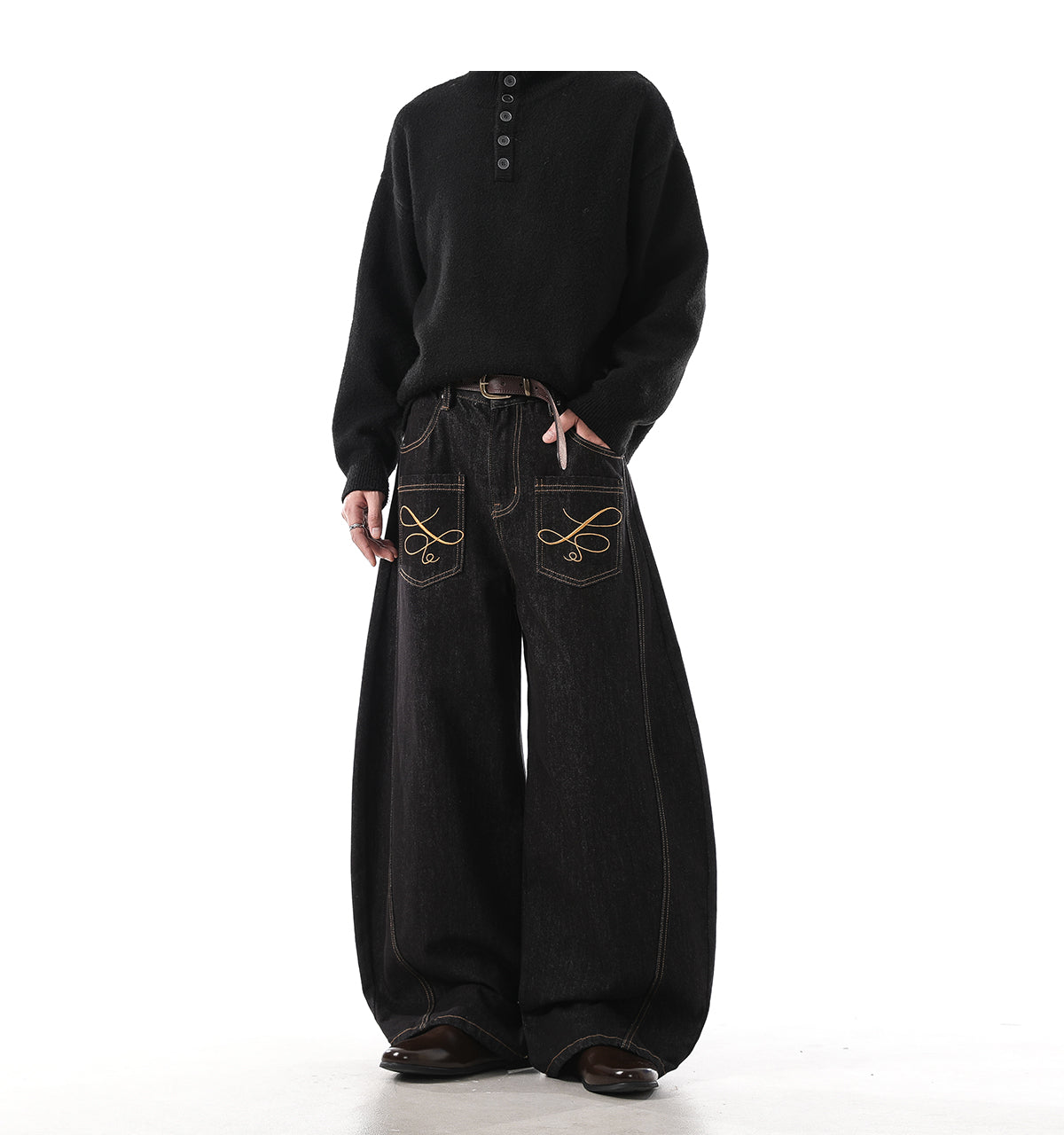 「刺繍飾り」ワイドバギーデニムパンツ TK0305