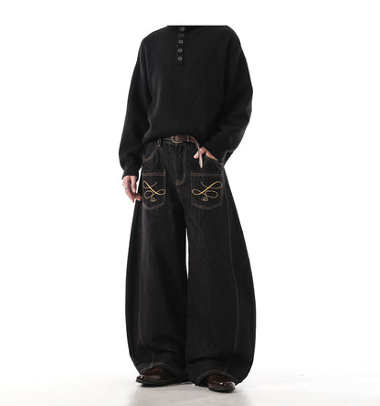 「刺繍飾り」ワイドバギーデニムパンツ TK0305