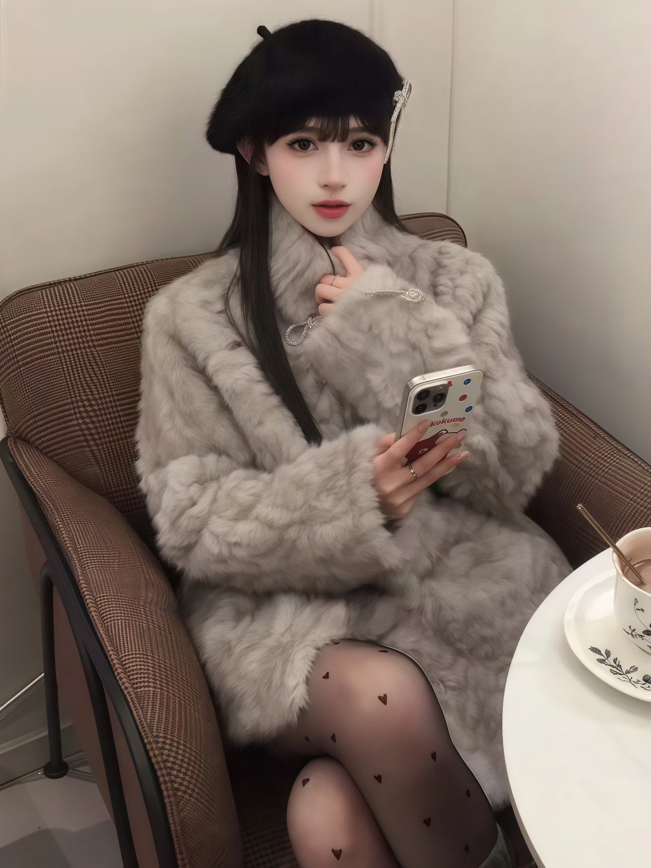 リボン付きファー襟ボアコート TK0367