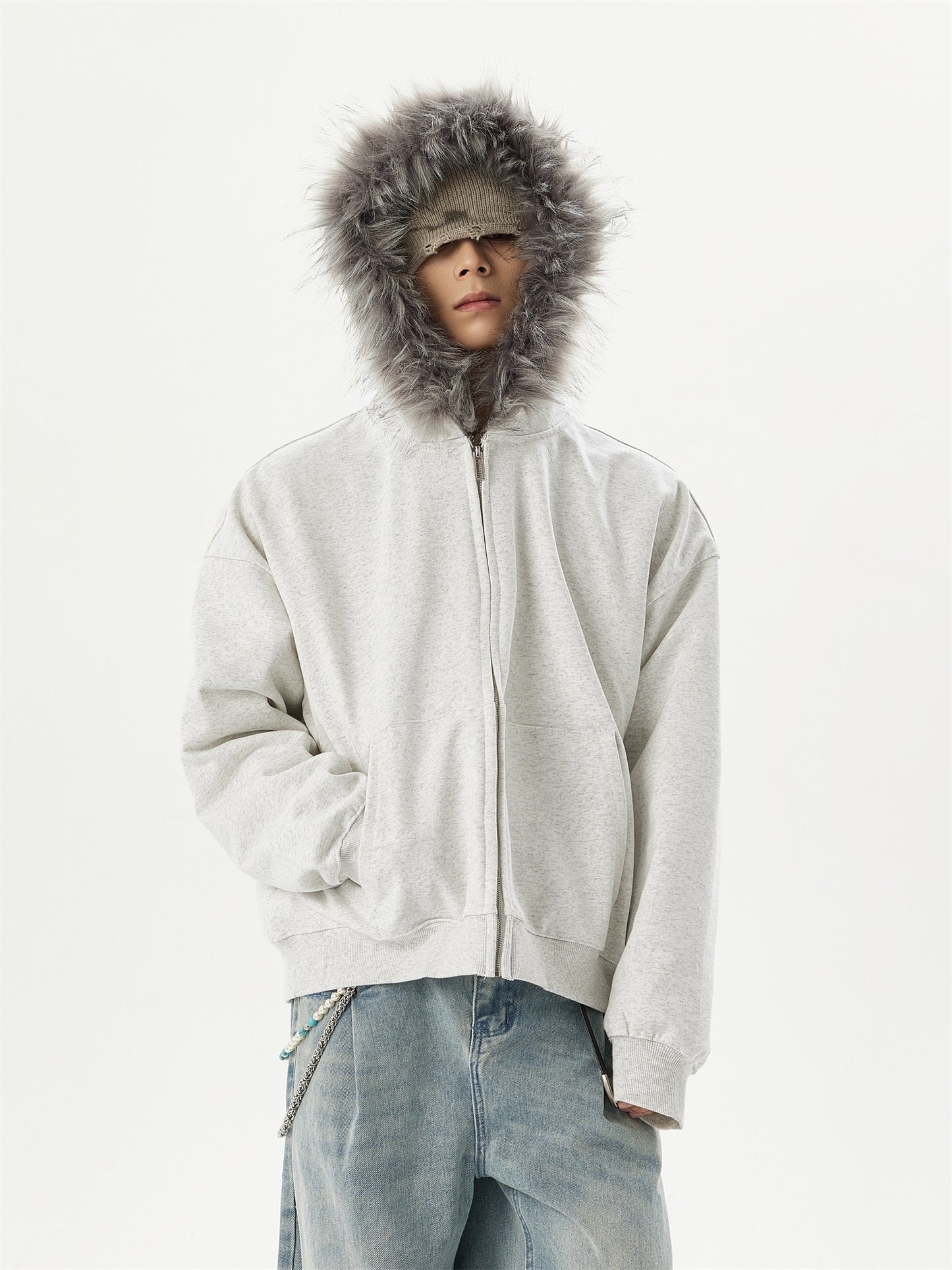 「ユニセックス」ファー付きフードゆったりパーカー TK0334