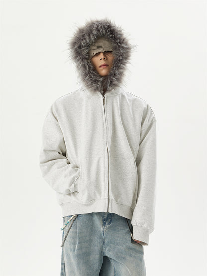 「ユニセックス」ファー付きフードゆったりパーカー TK0334