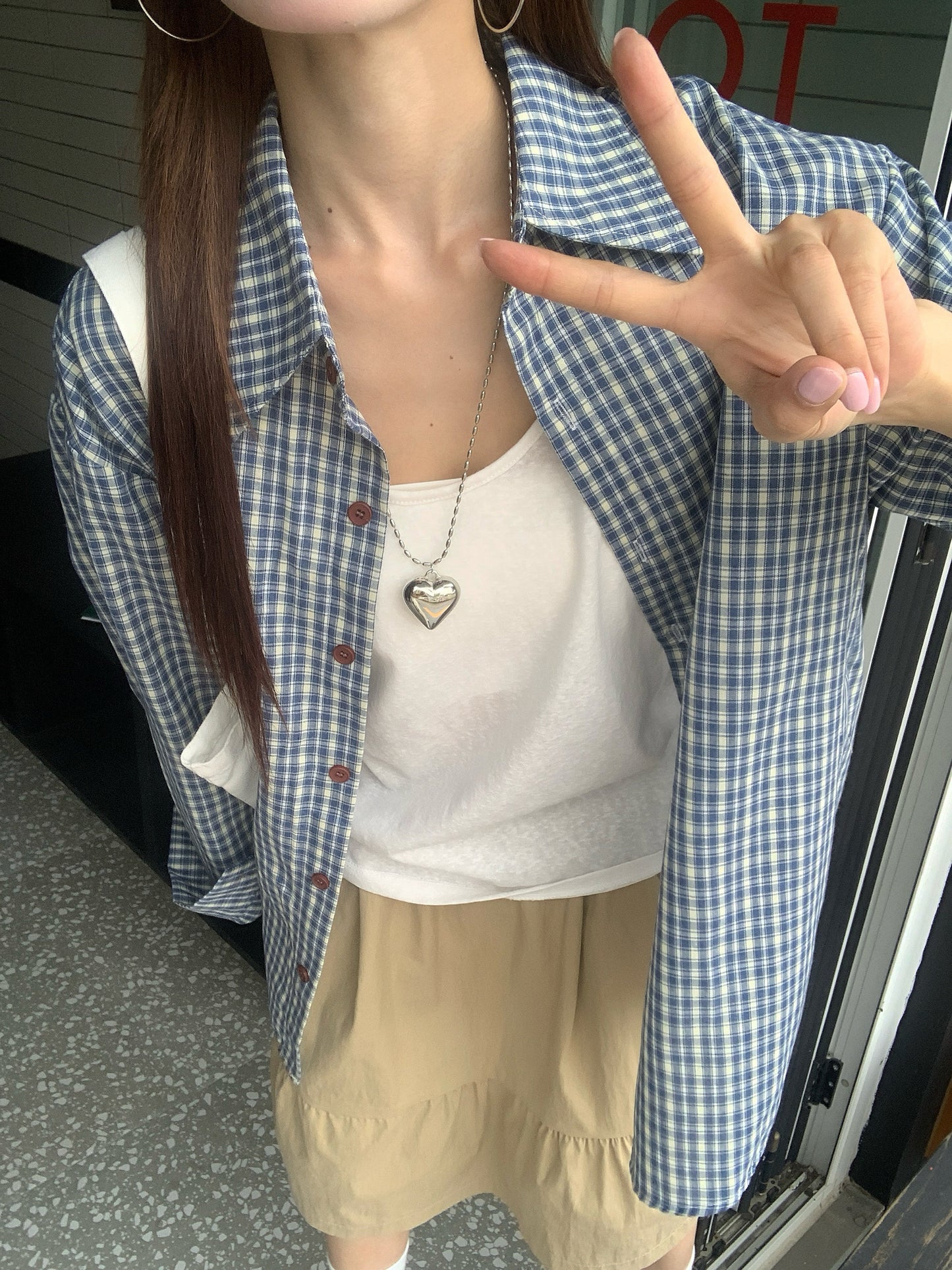 ルーズフィットブルーチェックシャツ TK0043