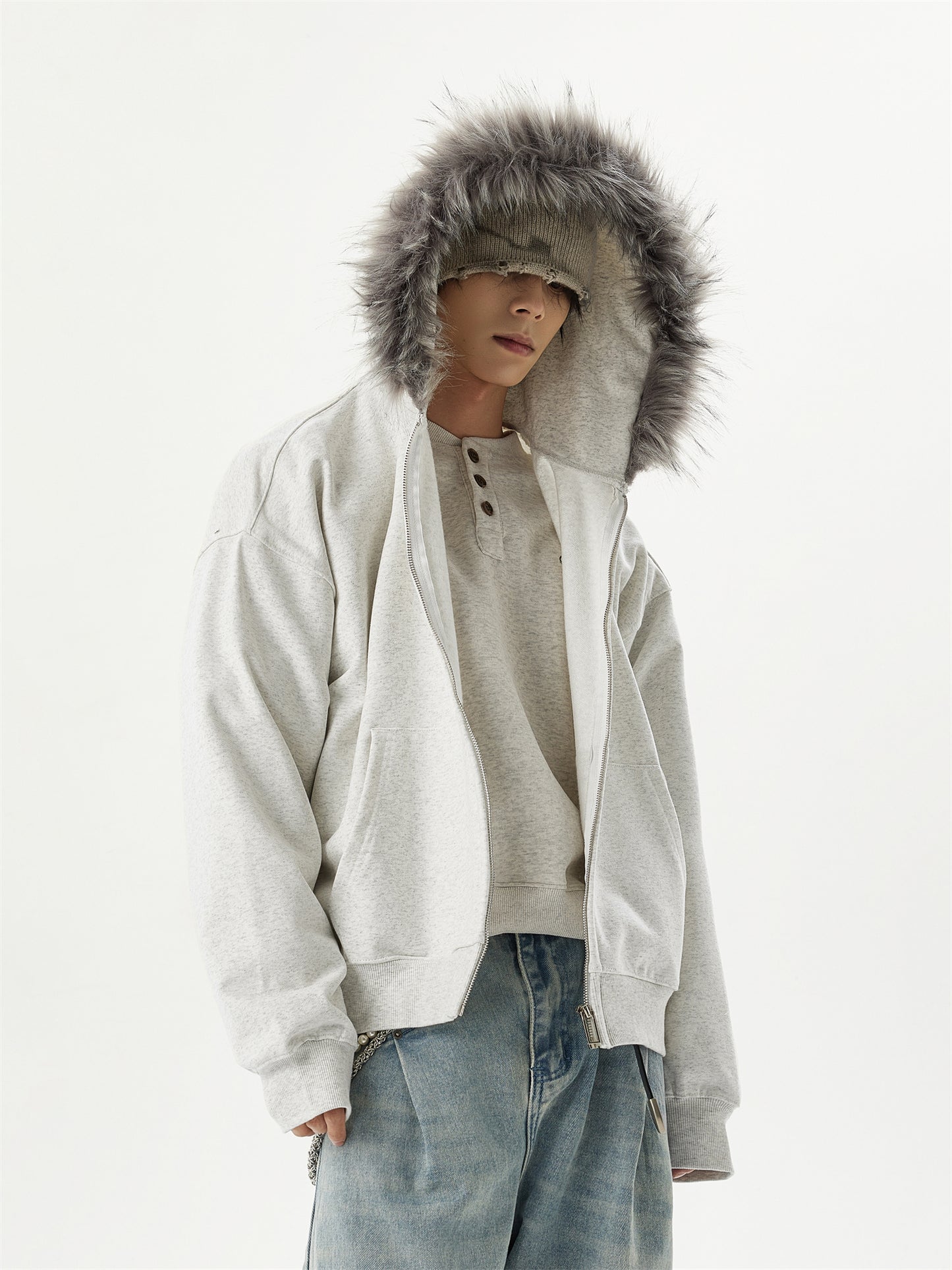 「ユニセックス」ファー付きフードゆったりパーカー TK0334