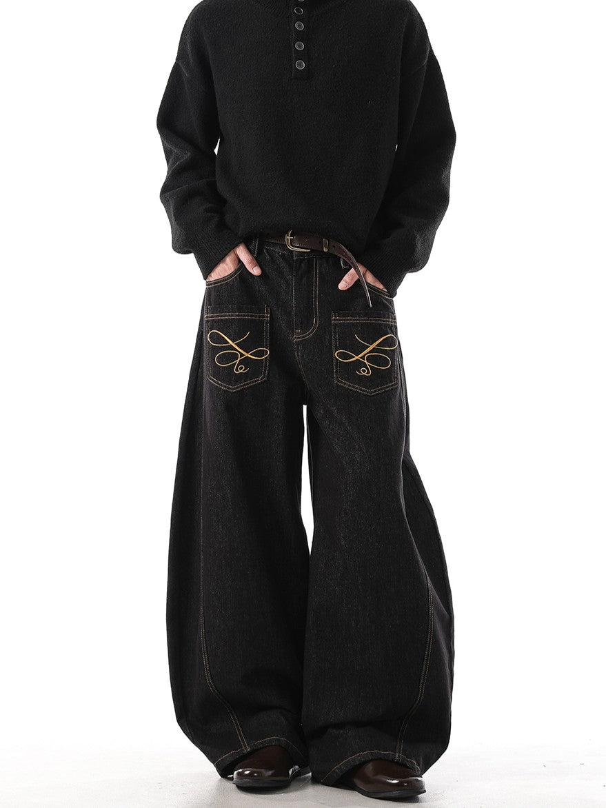 「刺繍飾り」ワイドバギーデニムパンツ TK0305