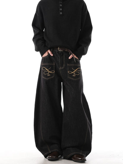 「刺繍飾り」ワイドバギーデニムパンツ TK0305