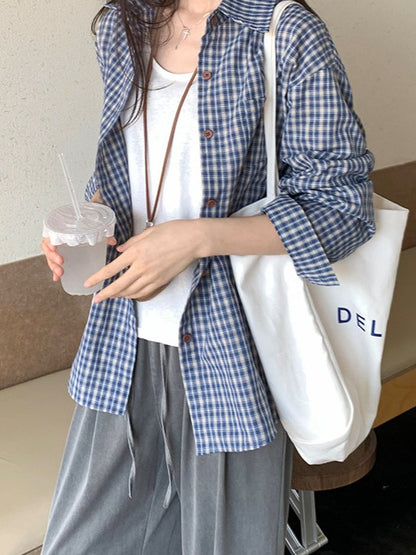 ルーズフィットブルーチェックシャツ TK0043