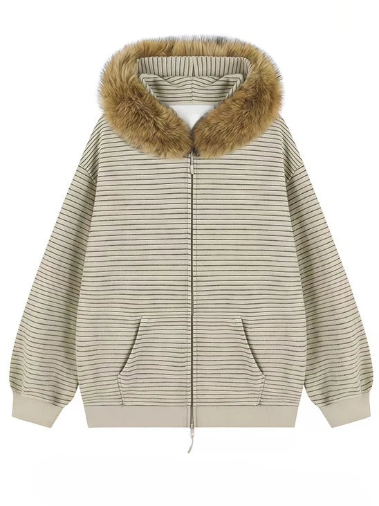 「si5si8」ストライプ柄 ファー付きジップアップパーカー TK0319