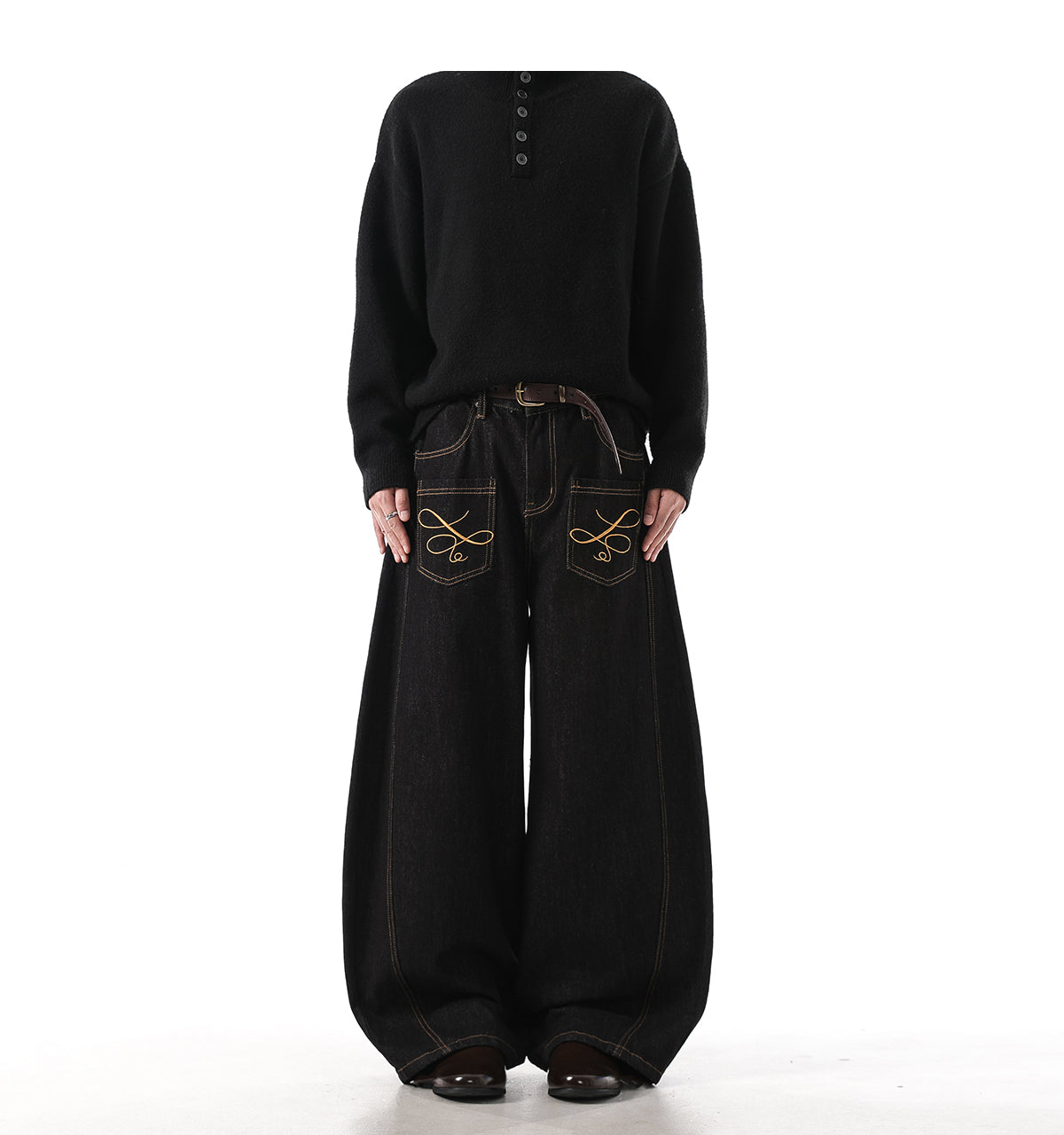 「刺繍飾り」ワイドバギーデニムパンツ TK0305