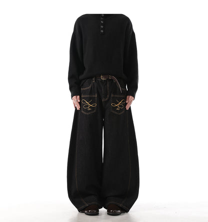 「刺繍飾り」ワイドバギーデニムパンツ TK0305